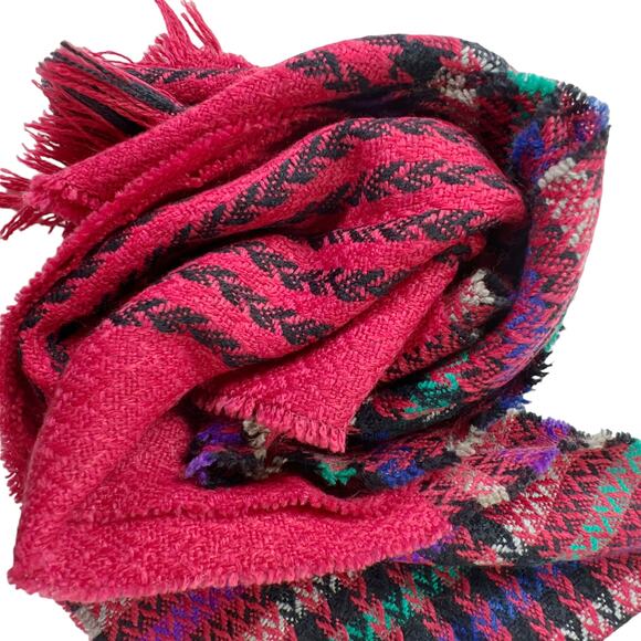 Red Plaid Scarf Wrap with Raw Edge 65L" x 8W" - Picture 3 of 6